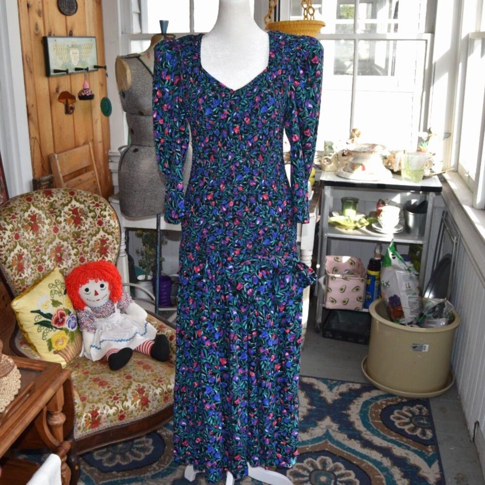 Vintage 90s ACT I New York Floral Drop Waist Dress Smocked Peplum S